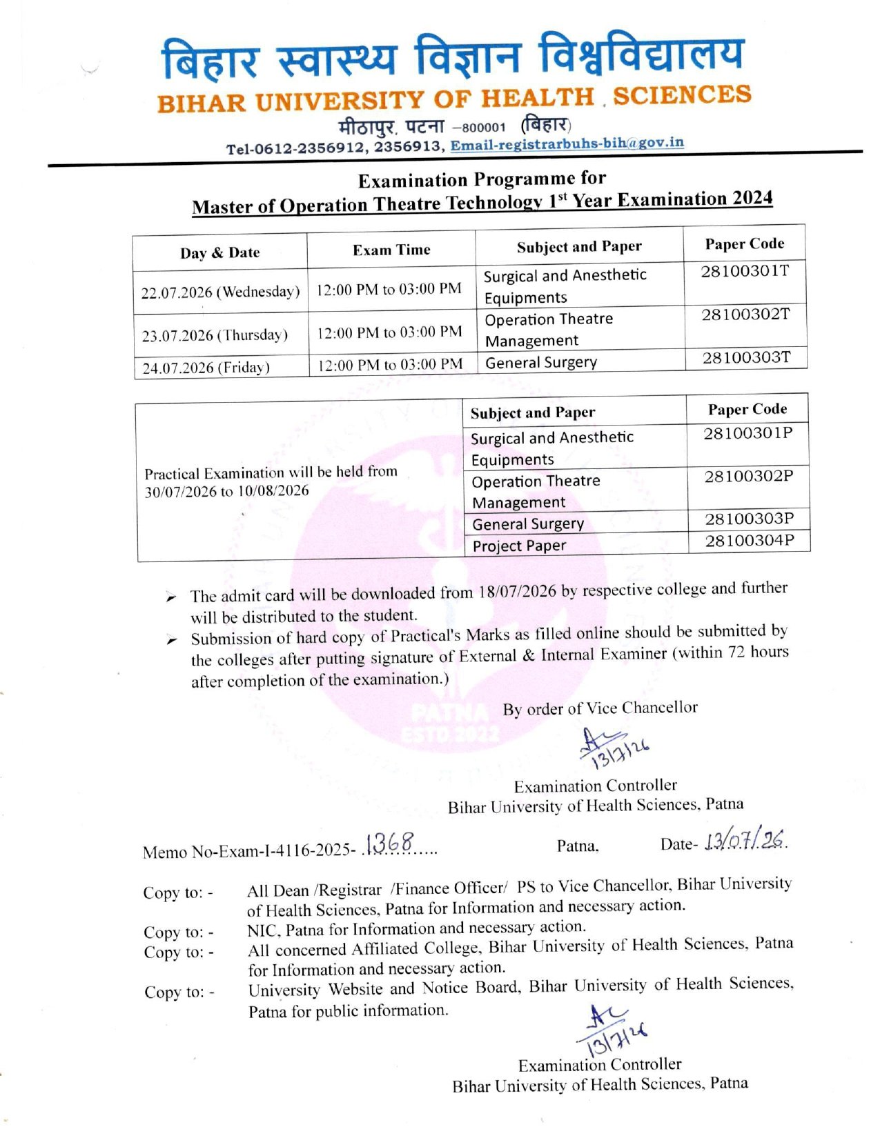 Examination Programme for Master of Operation Theatre Technology 1st Year Examination 2024